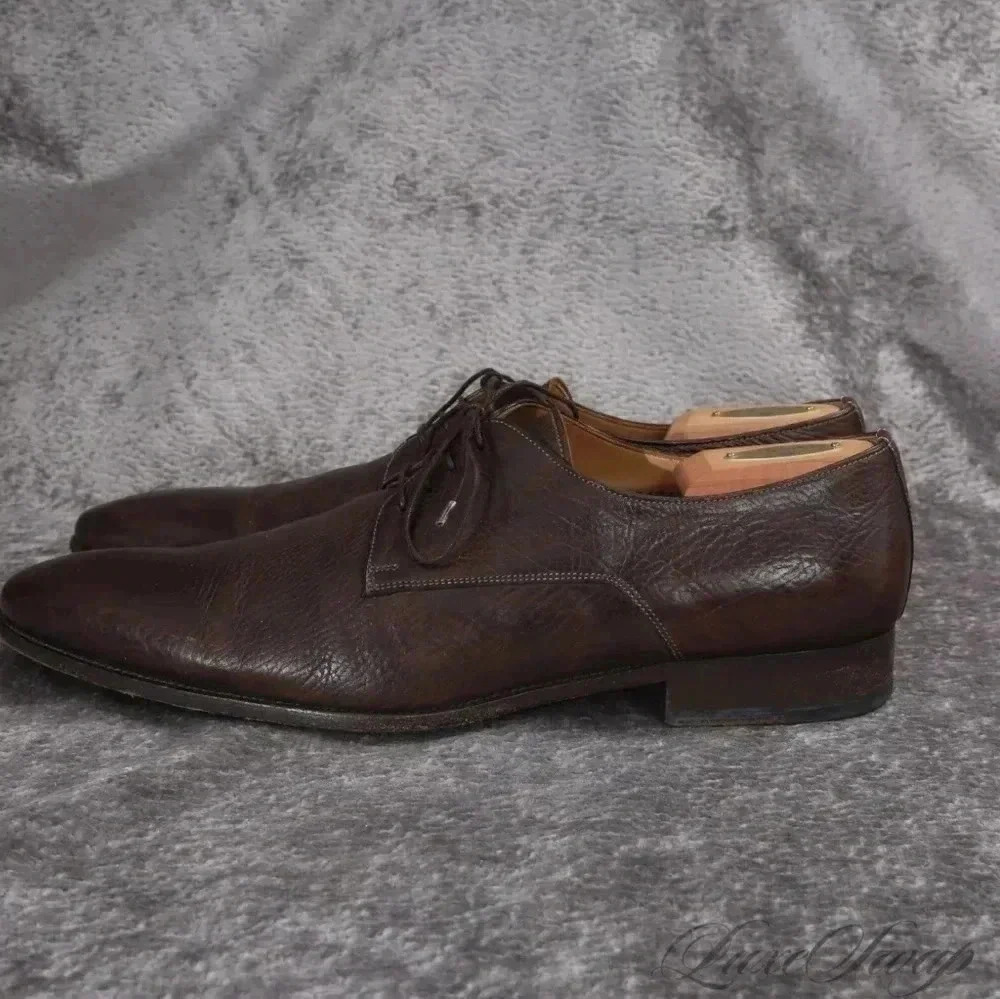 Santoni Grained Leather Burnished Espresso Derby Shoes 13 Made in Italy - Picture 3 of 10